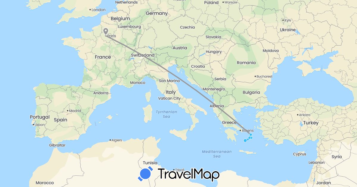 TravelMap itinerary: plane, boat in France, Greece (Europe)